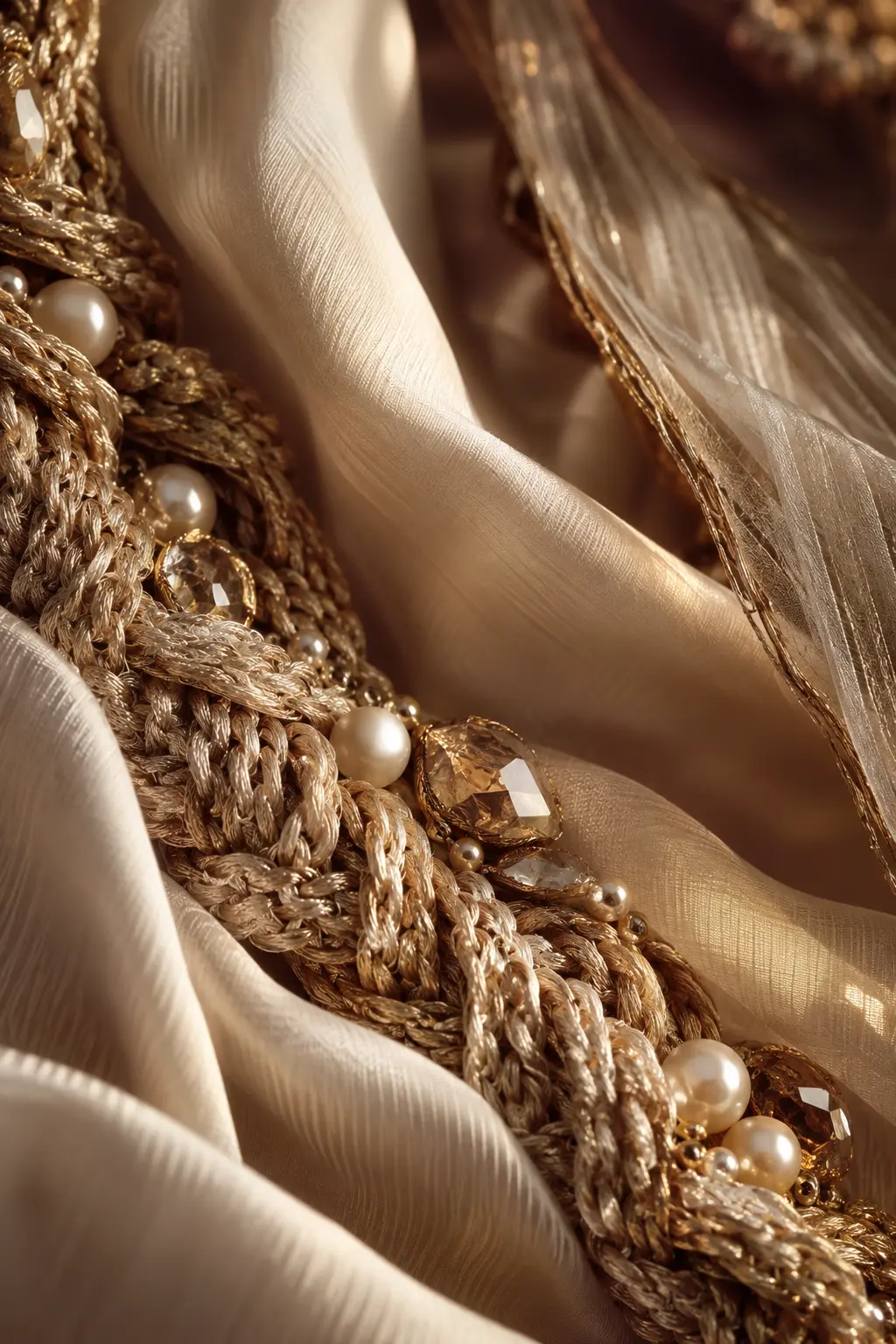 Champagne threads, pearls and silk in an abstract Rivelle craft study