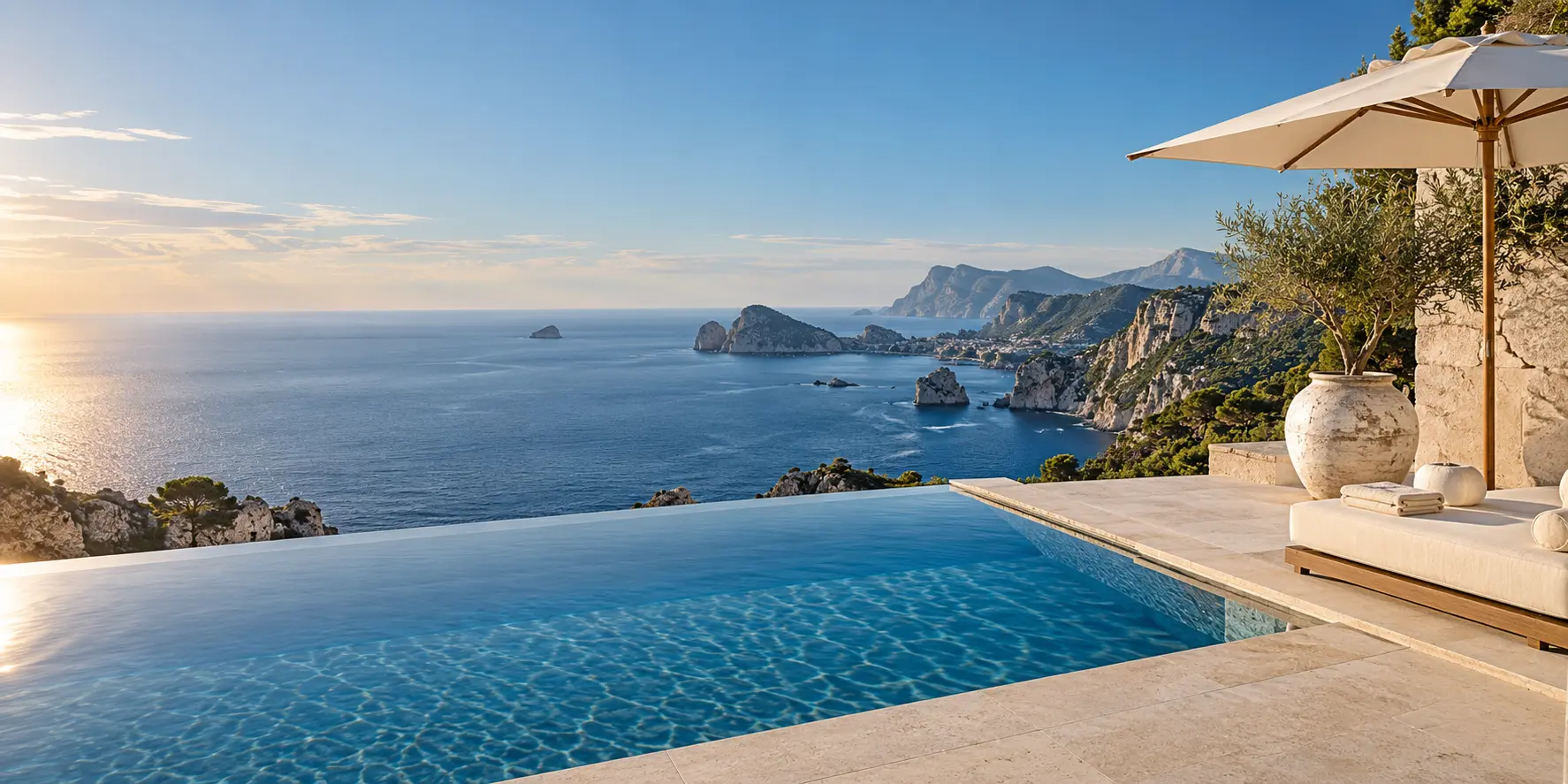 An editorial vision of a quiet infinity pool overlooking the coast
