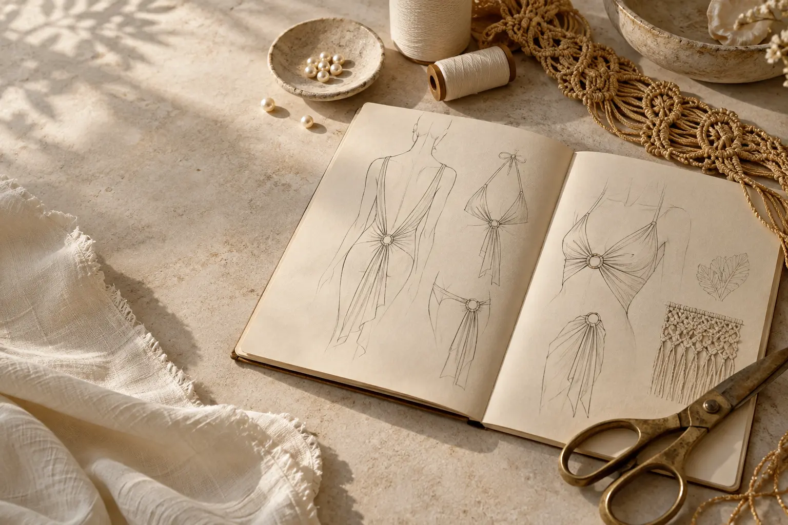 An editorial Rivelle atelier scene with sketches, thread, macramé and tailoring scissors