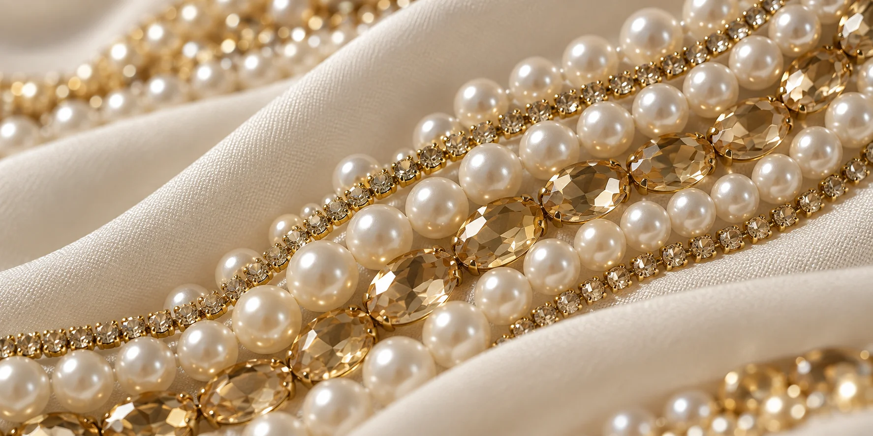 Pearls, champagne stones and ivory fabric in a Rivelle editorial detail